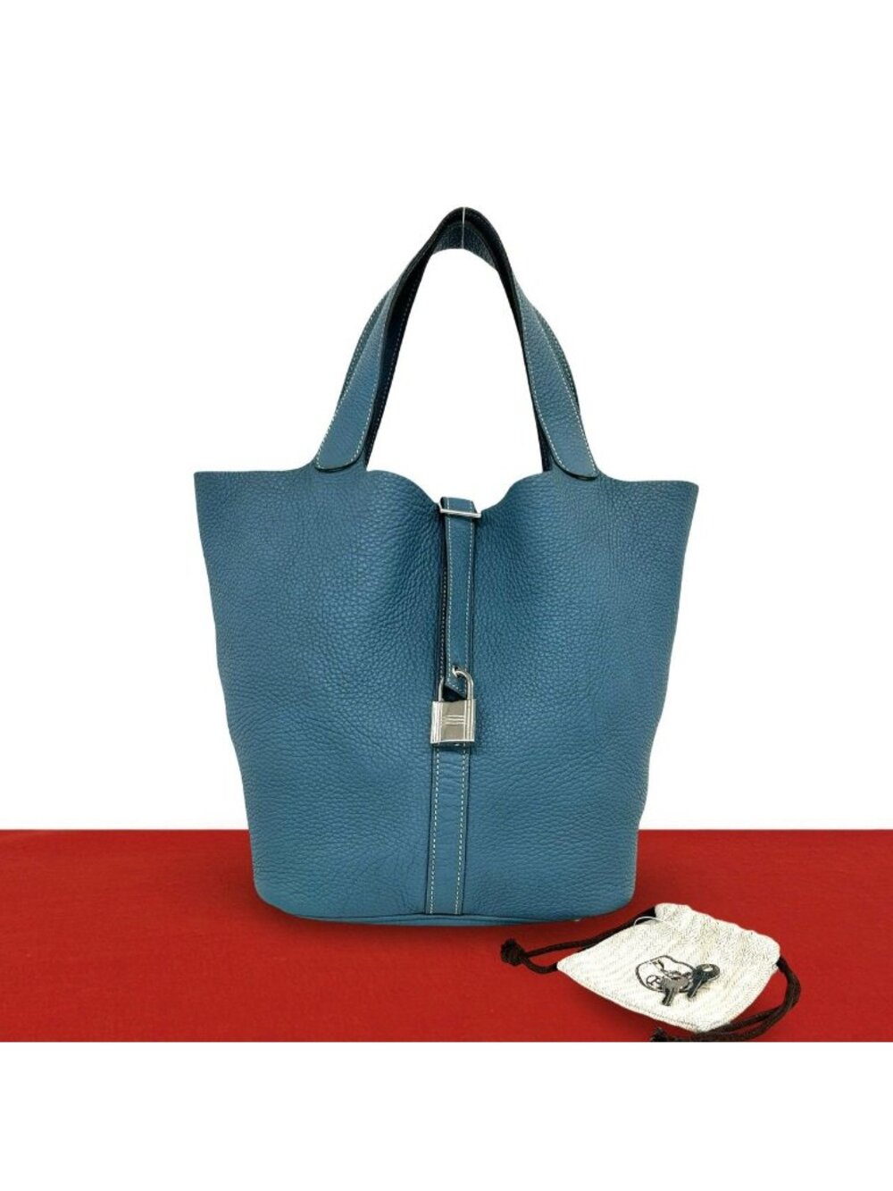 Hermes Keyed Picotin Lock GM Taurillon Clemence Tote Bag Blue Jean